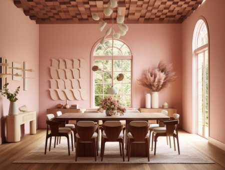 Minimal interior design of a modern dining room in light pink tones, decorated with simple furniture with a wooden table and chairs. Generative AIの素材