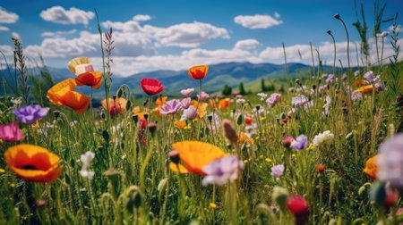 A lot of colorful poppy in the field, mountainous vistas, and a bright blue sky in the background. Generative AIの素材