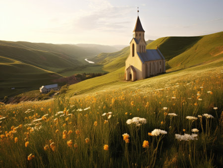 A landscape of grass and yellow flower fields, A lonely church in the middle of the mountain, a river, and a sunset in the background. Generative AIの素材