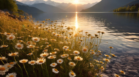 Daisy field by the lake at nature light, sunlight reflecting in the lake, sunset and mountains in the background. Generative AIの素材