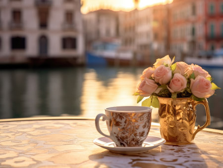 A cup of coffee and a flower vase on the table in front of the Canal in Venice during sunset, in the style of captivating cityscapes. Generative AIの素材