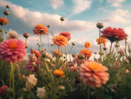 Beautiful summer field of colorful cosmos flowers, natural sunlight, and bright summer sky background. Generative AIの素材