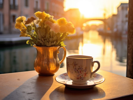 A cup of coffee and a flower vase on the table in front of the Canal in Venice during sunset, in the style of captivating cityscapes. Generative AIの素材