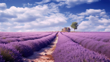 A vast and serene lavender field stretching out into the distance, a small house and a tree in the flower field, with a bright sky in the background. Generative AIの素材