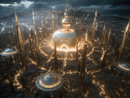 high-angle shot of a large fantasy city with a center full of lights and a cloudy sky in the background. Generative AIの素材