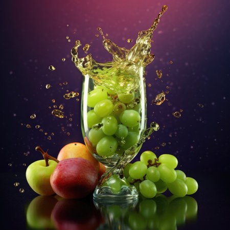 Grape juice pouring into a glass with surrounded by grape. Generative AIの素材