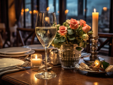 Pink floral table setting for a romantic dinner table with table cloth, candles and silverware. Generative AIの素材