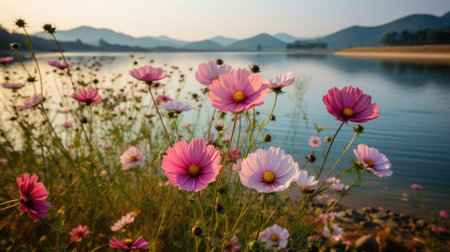 A beautiful summer field of pink cosmos flowers by the lake, natural sunlight, and a bright summer sky background. Generative AIの素材