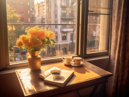 A cup of coffee and vase of flowers on a wooden table by the window, sunlight passing through the window. Generative AIの素材