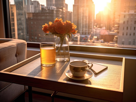 A cup of coffee on a wooden table by the window, sunlight passing through the window, high-rise buildings landscape. Generative AIの素材