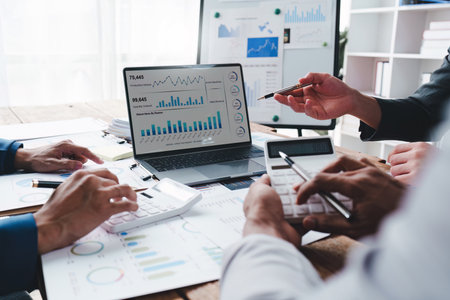 Group of Business People Meeting analysis financial plan, discussion, research with paperwork at office, accounting conceptの写真素材