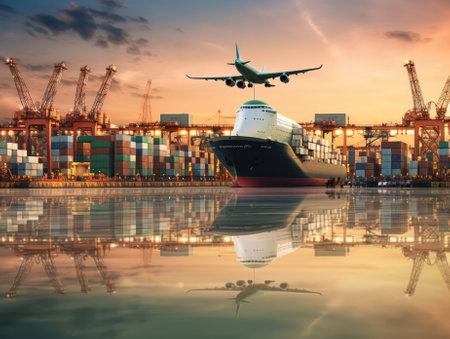 Business logistics and transportation concepts of container trucks, ships in port, and freight cargo planes in transport and import-export commercial logistics. Generative AIの素材
