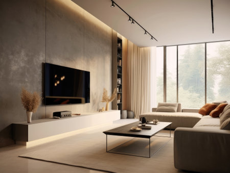 A modern living room in a warm tone with a TV, a sofa, an expansive window, and natural light. Generative AIの素材
