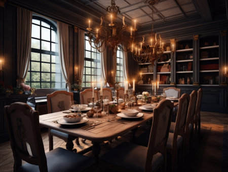 Wide angle view of the dining room in British style with dining sets, natural light, and candlelight. Generative AIの素材