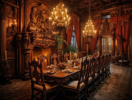 Luxury dining room with elegant chandelier lighting and candlelight to illuminate the room. Generative AIの素材