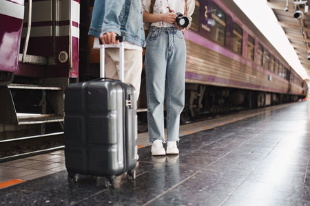 Asian couple at railway station have happy moment. Tourism and travel in the summerの写真素材