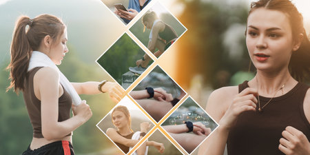 Healthy Asian woman is jogging outdoor. Fitness girl running. Female exercising at outdoor park