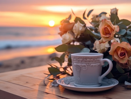 A cup of coffee and vase of flowers on the wooden table in front of the beach in a vanilla-sky evening atmosphere. Generative AIの素材