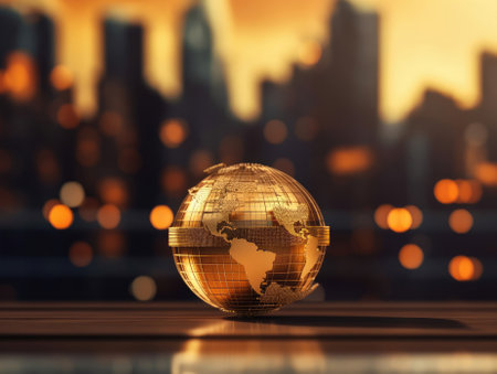 A gold globe, earth finance concept economy global business, skyscrapers in the style of bokeh in the background. Generative AIの素材