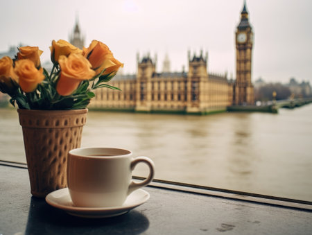 A black cup of coffee and a flower vase are in front of Big Ben and Westminster Bridge in England. Generative AIの素材