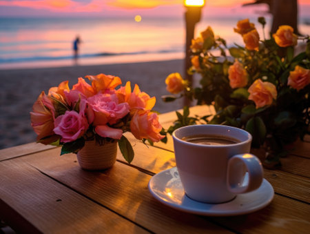 A cup of coffee and vase of flowers on the wooden table in front of the beach in a vanilla-sky evening atmosphere. Generative AIの素材