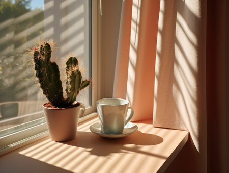 A cup of coffee and potted cactus on the table by the window, a window with a bright light shining through it. Generative AIの素材