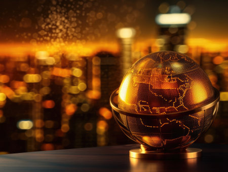 A gold globe, earth finance concept economy global business, skyscrapers in the style of bokeh in the background. Generative AIの素材