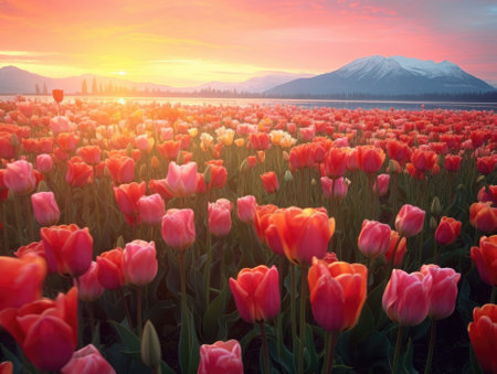 landscape of colorful tulip fields by the lake, sunlight shining on tulip fields, and a mountain at sunset in the background. Generative AIの素材