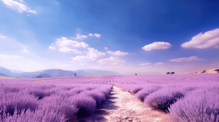 A vast and serene lavender field stretching out into the distance, mountains and a bright sky in the background. Generative AIの素材