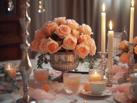 Pink floral table setting for a romantic dinner table with table cloth, candles and silverware. Generative AIの素材