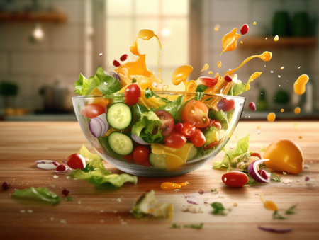 Vegetable salad and fruit on kitchen table. Generative AIの素材
