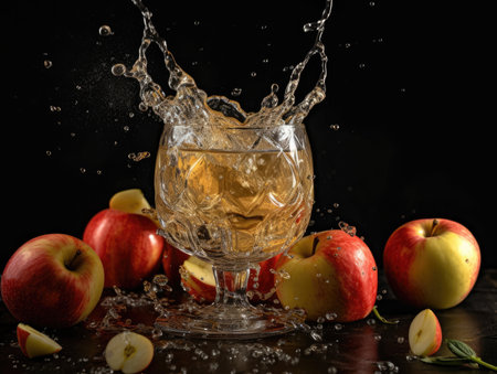 Apple and apple juice splash into a glass. Generative AIの素材
