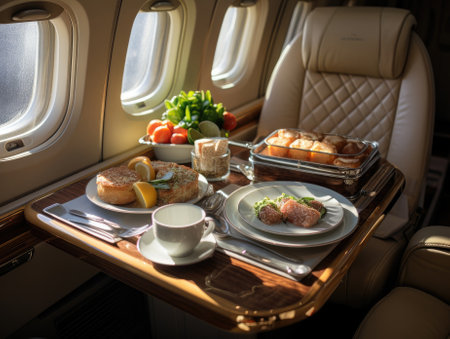A private jet in modern style with breakfast on the table and sunlight shining through a window. Generative AIの素材