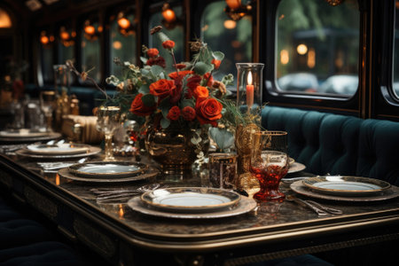 Train interior of the dining area in a style of luxury with a dining table and dining set, light from a lamp and candlelight. Generative AIの素材