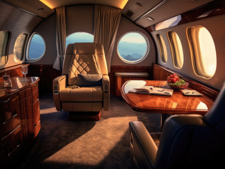 A business jet sits with tables and other seating in the style of dark beige and brown, and sunlight shines through the window. Generative AIの素材