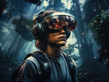 Man wearing a VR headset, futuristic virtual world, digital art illustration and colorful. Generative AIの素材