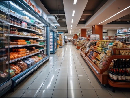 an inside of a supermarket with a variety of products, a long corridor, and light bulbs on the ceiling. Generative AIの素材