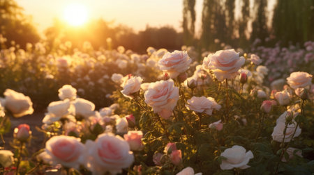 Pink rose field in sunset light, in the style of sun rays shining upon a field of roses. Generative AIの素材