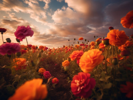 Beautiful summer field of colorful cosmos flowers, natural sunlight, and bright summer sky background. Generative AIの素材