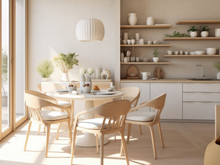 Dining room in wooden style with a table and chairs and hanging lights. white and beige tones in the room. Generative AIの素材