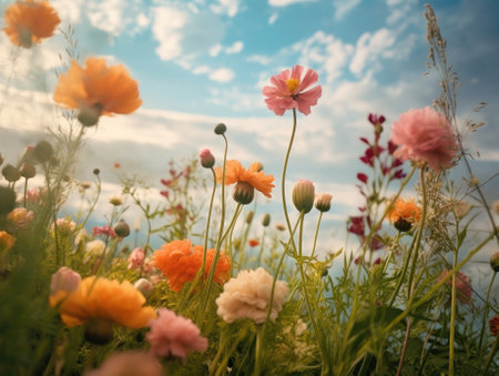 A beautiful summer field of colorful cosmos flowers, natural sunlight, and bright summer sky background. Generative AIの素材