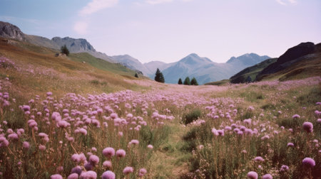 A field of grass and purple flowers, mountains and a bright spring sky in the background. Generative AIの素材
