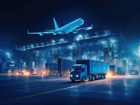 Business logistics and transportation concepts of container trucks, ships in port, and freight cargo planes in transport and import-export commercial logistics. Generative AIの素材