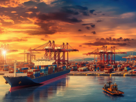 Business logistics and transportation concept of a container cargo ship and cargo with a working crane bridge in a shipyard and a sunset in the background. Generative AIの素材