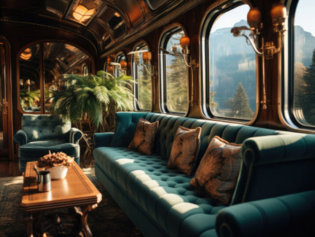 Train interior of cabin with chairs, sofa and tables, soft and dreamy atmosphere, light brown and gold, luxurious opulence. Generative AIの素材