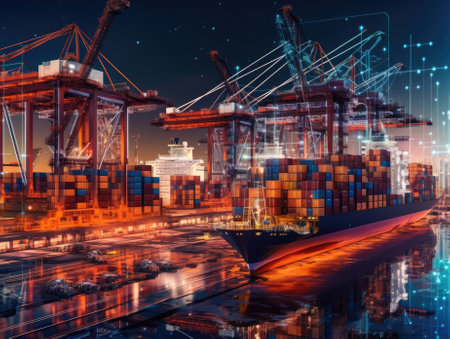 Smart Logistics and Warehouse Technology Concept, Container Cargo Freight Ships Exemplify Global Business Logistics. Generative AIの素材