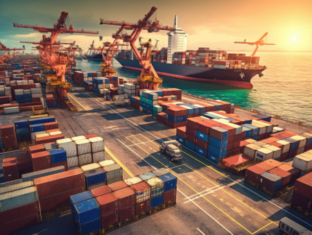 Business logistics and transportation concept of a container cargo ship and cargo with a working crane bridge in a shipyard and a sunset in the background. Generative AIの素材