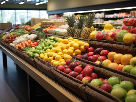 Close-up photo of a shelf of fresh fruits in a supermarket, bright colors and light from bulbs. Generative AIの素材