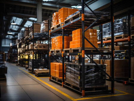 An indoor warehouse with boxes and parcels on the rack, light from bulbs, arranged in an orderly manner. Generative AIの素材