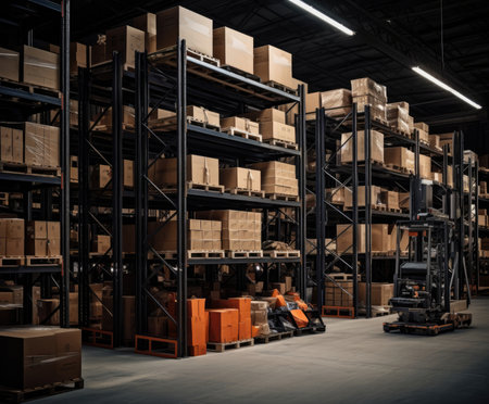 An indoor warehouse with boxes and parcels on the rack, light from bulbs, arranged in an orderly manner. Generative AIの素材